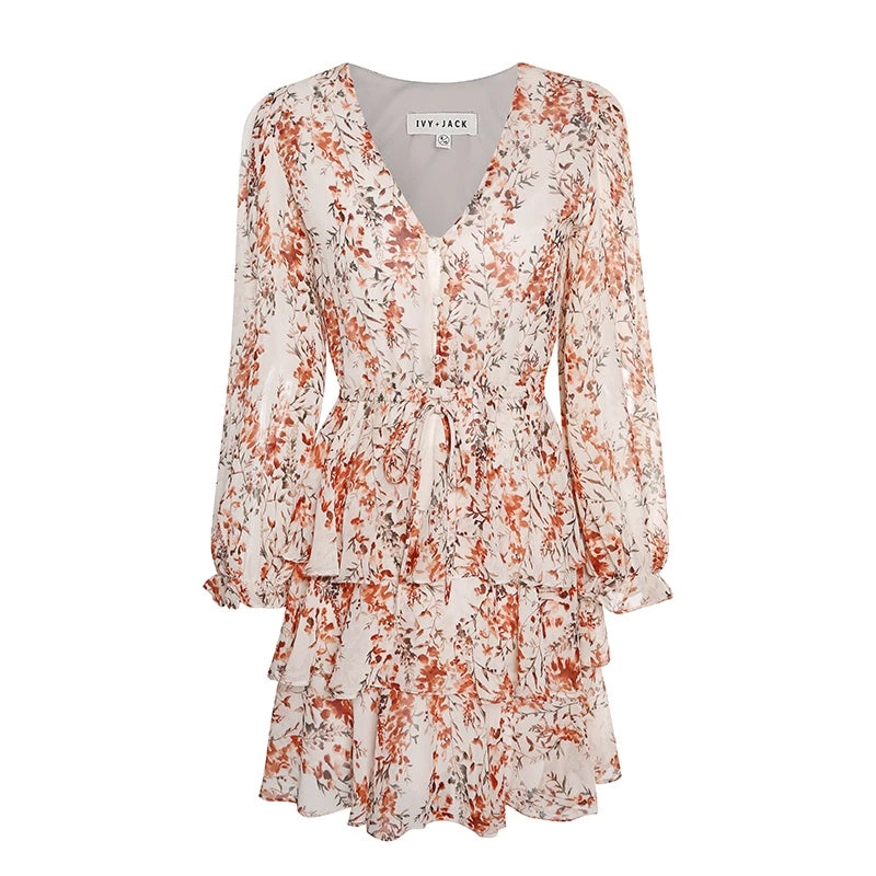 Ivy + Jack Dresses Evita Sand Floral LS V Neck Mini Tiered Dress