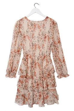 Ivy + Jack Dresses Evita Sand Floral LS V Neck Mini Tiered Dress