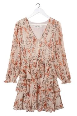 Ivy + Jack Dresses Evita Sand Floral LS V Neck Mini Tiered Dress