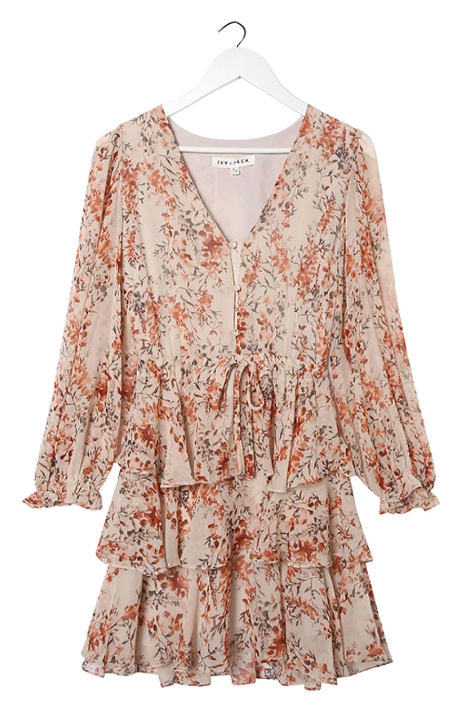 Ivy + Jack Dresses Evita Sand Floral LS V Neck Mini Tiered Dress