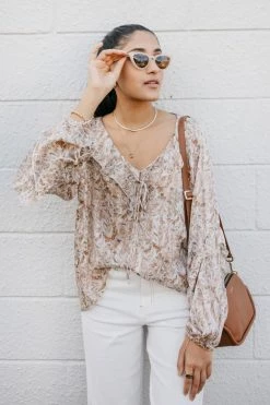 Among The Brave Day Dream Cream Floral With Lurex Stripe Frill Neck LS Frill Sleeve Top