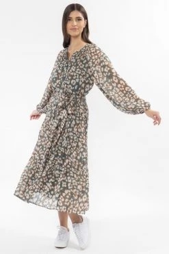 Billie The Label New In Vivacious Sage Stripe Floral Mid Sleeve V Neck Tiered Midi Dress