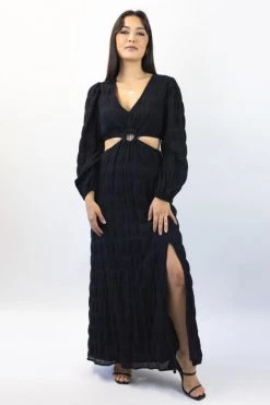 Ivy + Jack Skyler Black Shirred Cotton LS V Neck Waist Cut Out Maxi Dress