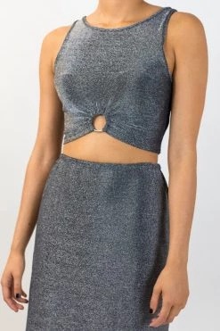 Among The Brave Milky Way Silver Shimmer Ring Tie Waist Crop Tank Top