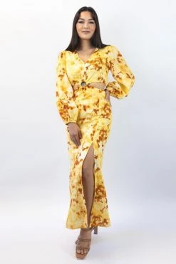 Ivy + Jack Dresses Skyler Marigold Floral LS V Neck Waist Cut Out Maxi Dress