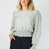 Among The Brave Pure Sage Crinkle LS Puff Sleeve Shirred Hem Top