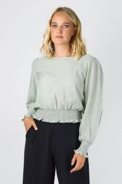 Among The Brave Pure Sage Crinkle LS Puff Sleeve Shirred Hem Top