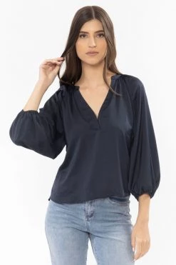 Leila + Luca Intuitive Navy Washer Satin V Neck Mid Sleeve Top