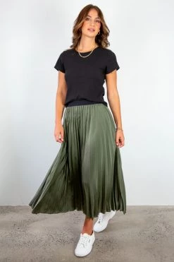 Ivy + Jack Radiant Khaki Washer Satin Pleated Midi Skirt Skirts
