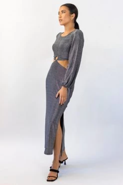 Among The Brave New In Galaxy Silver Shimmer Cut Away LS Balloon Sleeve Ring Midi Dress