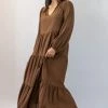 Ivy + Jack Kendall Pecan Crinkle Blouson LS V Neck Tiered Midi Dress New In