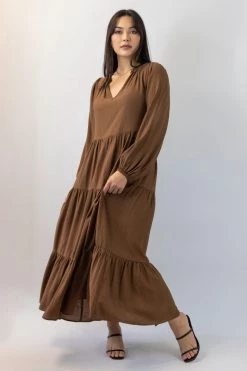 Ivy + Jack Kendall Pecan Crinkle Blouson LS V Neck Tiered Midi Dress New In