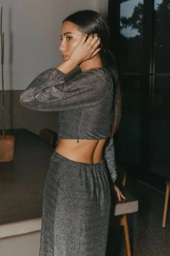 Among The Brave New In Galaxy Silver Shimmer Cut Away LS Balloon Sleeve Ring Midi Dress