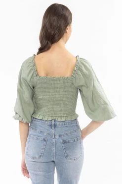 Seeking Lola Angelic Sea Green Linen Puff LS Shirred Bodice Top
