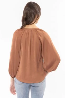 Leila + Luca Tops & Tees Intuitive Rust Washer Satin V Neck Mid Sleeve Top