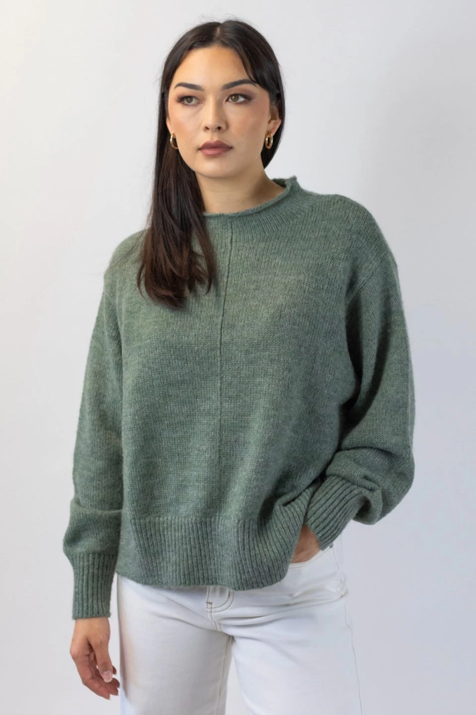 Among The Brave Knitwear Famous Soft Khaki Mohair Blend Boxy Funnel Neck Knit