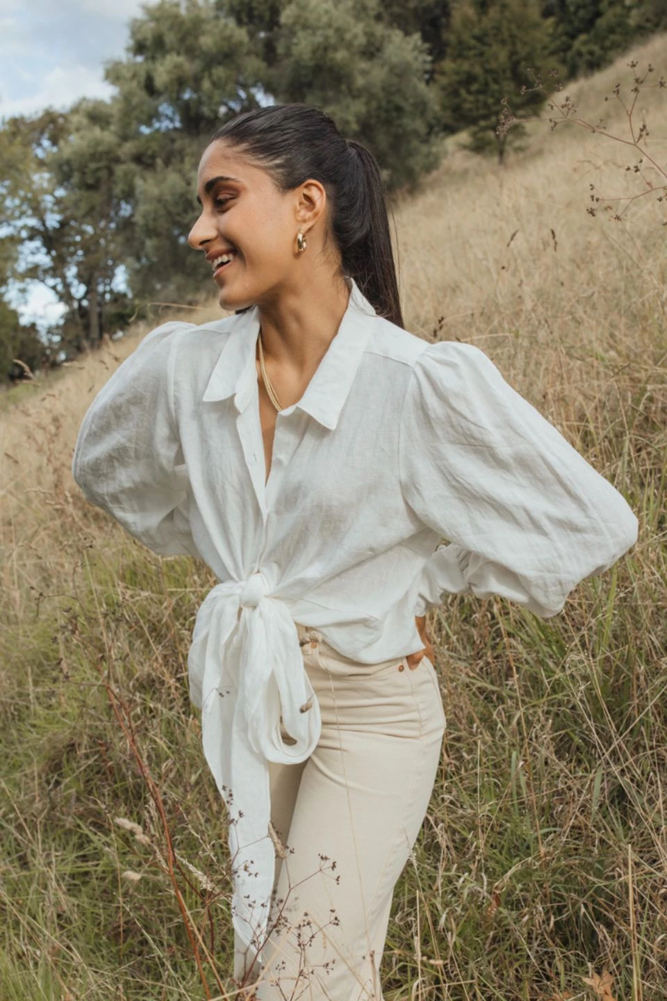 Among The Brave Victory White Linen Tie Hem Puff Sleeve Shirt