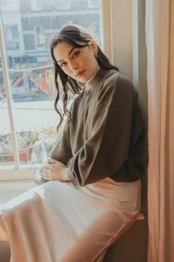 Ivy + Jack Motivation Khaki Cotton Fine Gauge Balloon High Neck Knit