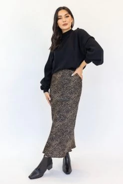 Ivy + Jack Ivy Black Mini Leopard Satin Midi Bias Skirt Skirts
