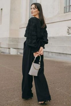 Ivy + Jack Grace Black Shirred Cotton LS Back Hem Tie Top