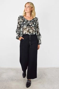 Among The Brave Day Dream Garden Midnight Frill Neck LS Frill Sleeve Top New In