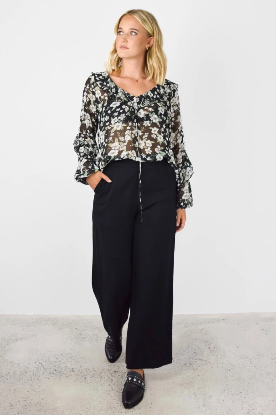 Among The Brave Day Dream Garden Midnight Frill Neck LS Frill Sleeve Top New In