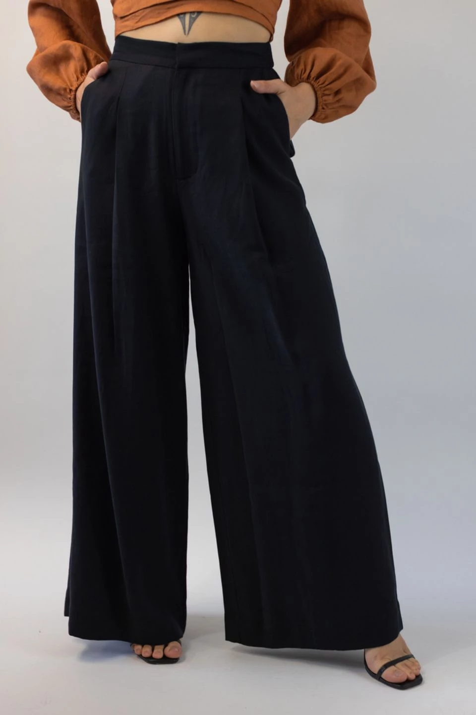 Ivy + Jack Eclipse Black Sandwashed Man Style Viscose Pleat Front Wide Leg Pant