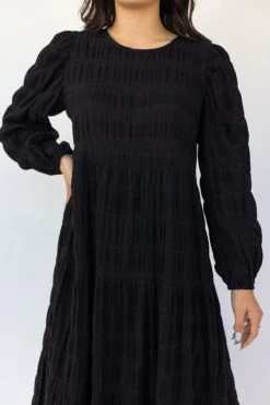 Ivy + Jack Gigi Black Shirred Cotton Blouson LS Tiered Maxi Dress New In