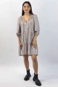 Among The Brave Gemini Chocolate Ditsy Animal Puff Mid Sleeve Button Front Tiered Mini Dress