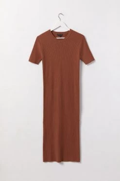 Among The Brave Faith Chocolate Rib Knit Half Sleeve Midi Dress