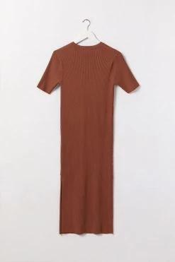 Among The Brave Faith Chocolate Rib Knit Half Sleeve Midi Dress