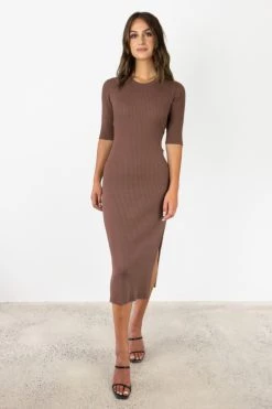 Among The Brave Faith Chocolate Rib Knit Half Sleeve Midi Dress