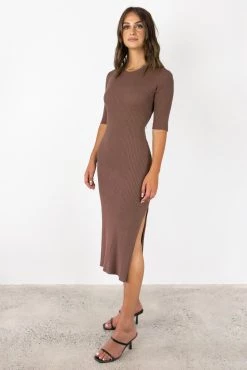 Among The Brave Faith Chocolate Rib Knit Half Sleeve Midi Dress