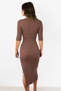 Among The Brave Faith Chocolate Rib Knit Half Sleeve Midi Dress
