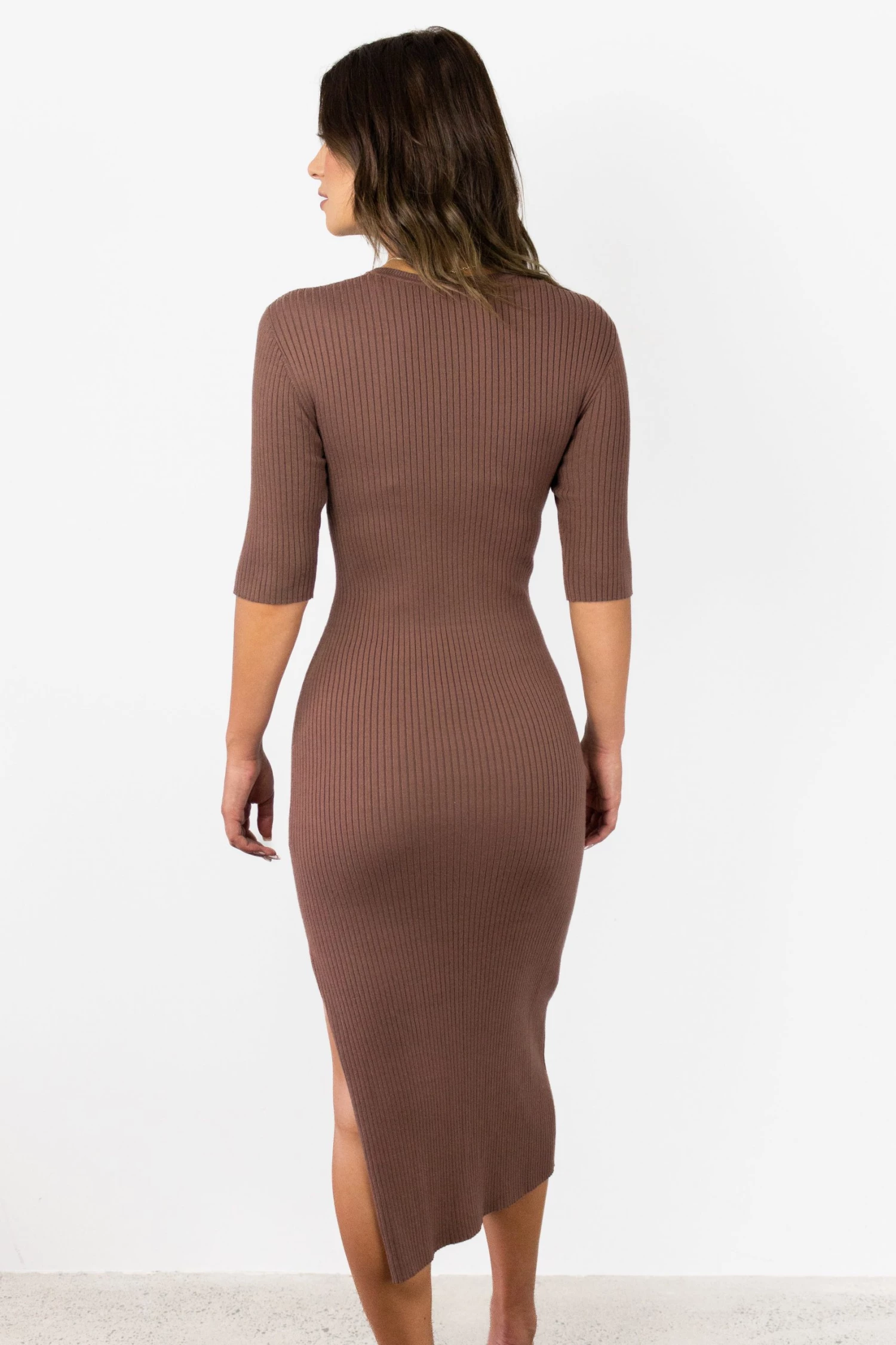 Among The Brave Faith Chocolate Rib Knit Half Sleeve Midi Dress