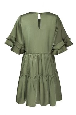 Ivy + Jack Felicity Khaki Washer Satin Frill SS Tiered Mini Dress