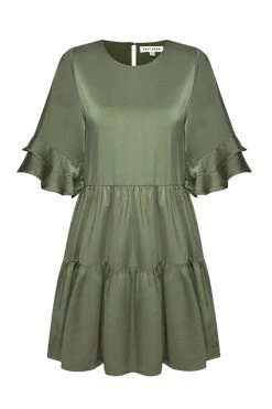 Ivy + Jack Felicity Khaki Washer Satin Frill SS Tiered Mini Dress