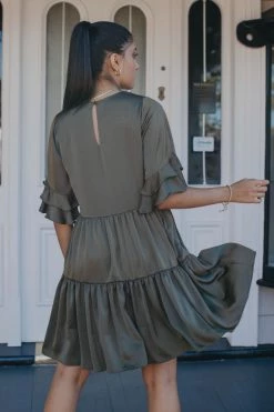 Ivy + Jack Felicity Khaki Washer Satin Frill SS Tiered Mini Dress