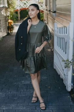 Ivy + Jack Felicity Khaki Washer Satin Frill SS Tiered Mini Dress