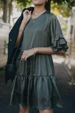 Ivy + Jack Felicity Khaki Washer Satin Frill SS Tiered Mini Dress