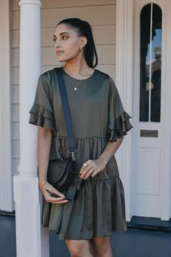 Ivy + Jack Felicity Khaki Washer Satin Frill SS Tiered Mini Dress