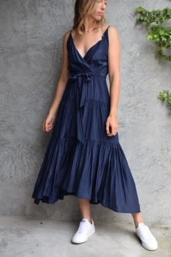 Among The Brave Dresses First Class Navy Strappy Tiered Washer Satin Maxi Dress