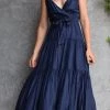 Among The Brave Dresses First Class Navy Strappy Tiered Washer Satin Maxi Dress