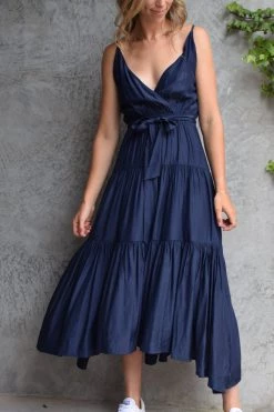 Among The Brave Dresses First Class Navy Strappy Tiered Washer Satin Maxi Dress