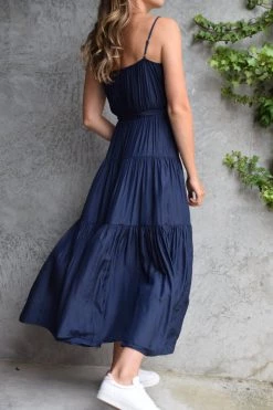 Among The Brave Dresses First Class Navy Strappy Tiered Washer Satin Maxi Dress