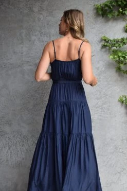 Among The Brave Dresses First Class Navy Strappy Tiered Washer Satin Maxi Dress