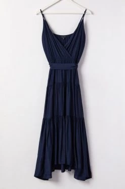 Among The Brave Dresses First Class Navy Strappy Tiered Washer Satin Maxi Dress