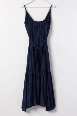 Among The Brave Dresses First Class Navy Strappy Tiered Washer Satin Maxi Dress