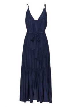 Among The Brave Dresses First Class Navy Strappy Tiered Washer Satin Maxi Dress