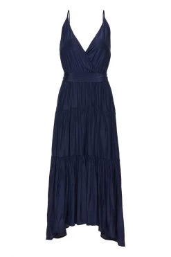 Among The Brave Dresses First Class Navy Strappy Tiered Washer Satin Maxi Dress